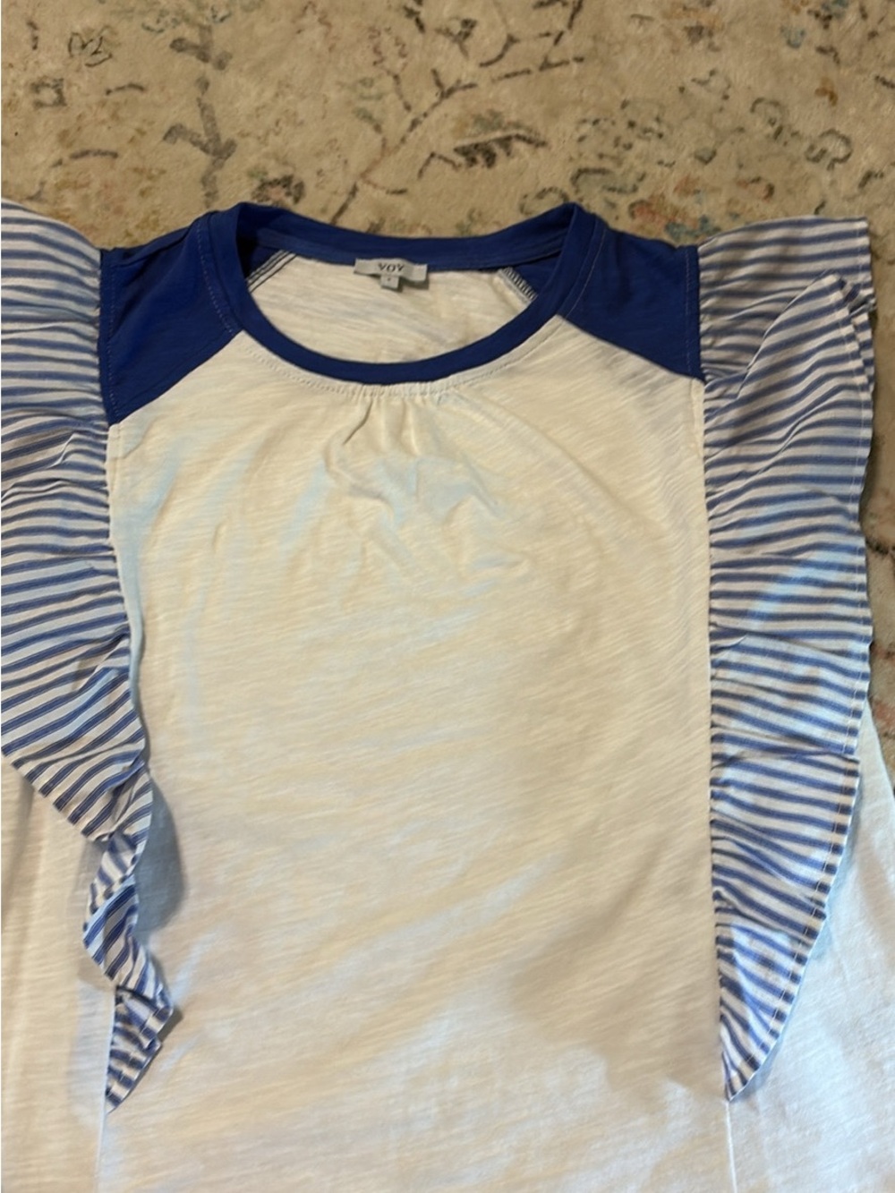 VOY White Short-Sleeve Top with Blue Raglan and Striped Ruffle Sleeves. New! S